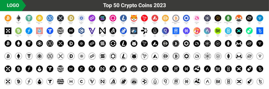 Rivne, Ukraine - April 7, 2023. Crypto coins Logo Set in Market. Trending cryptocurrency. Digital cryptocurrency, DeFi, token icons. Bitcoin, Ethereum, Dogecoin, and more