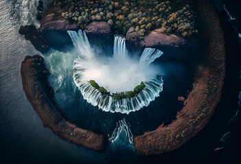 A panoramic overhead view of Victoria Falls in Zambezi River. Generative AI - obrazy, fototapety, plakaty
