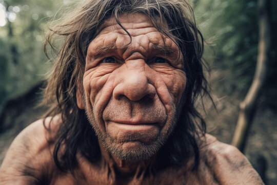 Neanderthal man takes a close-up selfie - ai generative