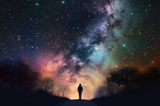Person walking on a starry path, with colorful nebulas and galaxies in the background created with AI
