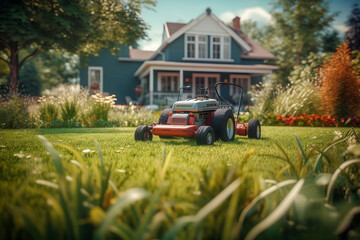 Fototapeta na wymiar Lawnmower on a freshly mowed lawn, a nice house in the background - ai generative