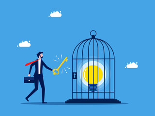 Waiting for the disclosure of knowledge or business secrets. Businessman holding a key to unlock a light bulb in a cage. vector