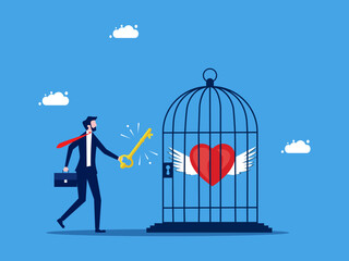 Win your own heart. Be willing to open your business mind. Businessman uses a key to unlock a heart in a cage. vector