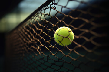 Tennis ball flying over court net created with AI