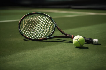 Tennis racket and ball on Wimbledon grass court created with AI