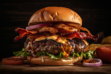 delicious beef burger with bacon, Generative AI