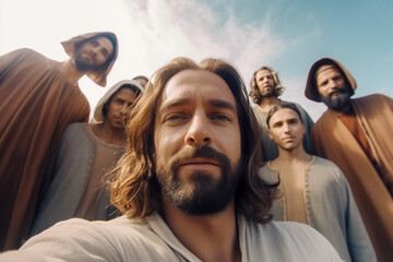 Jesus Christ with his disciples in the background, takes a selfie - ai generative - obrazy, fototapety, plakaty