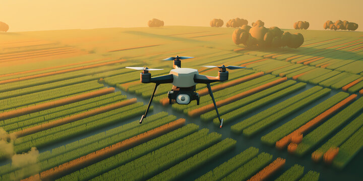 Drone Crop Scanning: A clean flat-style illustration of a drone flying over a crop field, scanning and analyzing crops for pests and diseases. Generative AI.