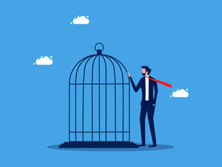 Lack of freedom or reservation. Businessman with cage. business concept vector