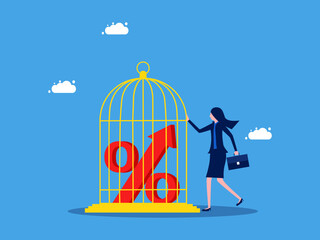 Lack of freedom. Lock interest rates. Businesswoman locking percentage icon in birdcage