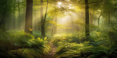 The beauforest, sun, summer, nature, tree, clearing, sunbeam, sunlight, yellow, dark, mystic, magic, beauty, countryside, environment, atmosphere, peaty and serenity of nature in forest. Generative AI