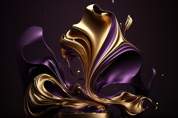 3D violet with gold liquid BG, fluid splash, generative Ai