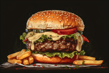 Burger with cheese illustration, Generative AI