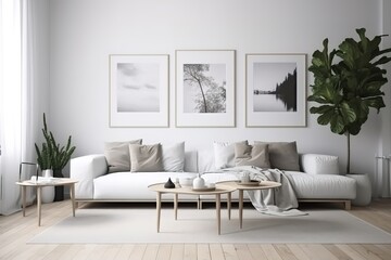Living room design with empty frame mock-up | Mock-up frame in interior background,Empty living room with blue sofa, plants and table on empty white wall background, Generative AI