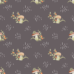seamless vector pattern with forest berries and mushrooms on a dark background