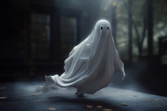 Halloween ghost, flying spirit in sheet with empty eyes on doorstep of house on mysterious foggy evening. Generative AI