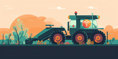 Obraz premium Automated Harvesting: A futuristic flat-style illustration of a robotic harvester with mechanical arms and sensors, collecting crops in a farm setting. Generative AI.