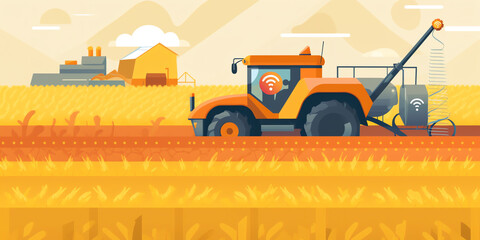 Obraz na płótnie Canvas Automated Harvesting: A futuristic flat-style illustration of a robotic harvester with mechanical arms and sensors, collecting crops in a farm setting. Generative AI.