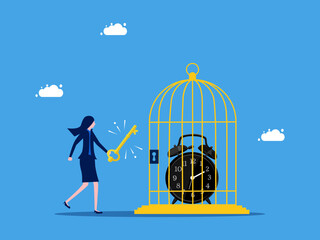 Unlock the value of time. Businesswoman uses a key to unlock a clock from a birdcage. business and investment concept vector