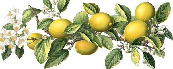 Vintage Lemon Branch Illustration on Isolated White Background, Generative AI