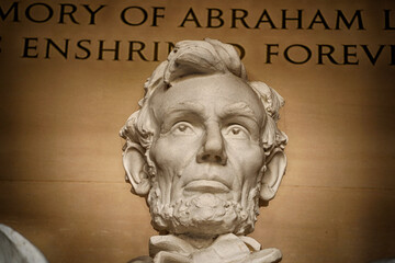 Washington DC, Abraham LIncoln statue inside Lincoln Memorial, built to honor the 16th President of...