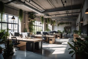 modern open-plan office, including workstations, natural light, and greenery, generative IA.