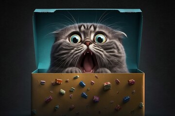Shocked emotional cat with big eyes looking out from a box. Generative AI