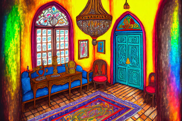 Fototapeta na wymiar Room interior in Turkish style, intricate design elements of traditional Turkish decor, generative ai illustration