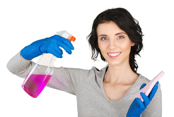 Woman holding glass cleaner and cloth isolated on white
