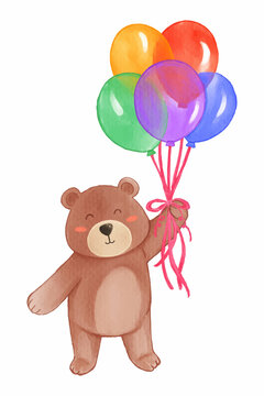 Brown bear hold balloons . Realistic watercolor paint with paper textured . Cartoon character design . Vector .