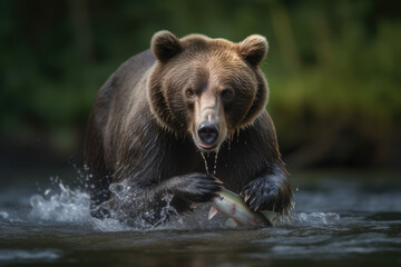 Fototapeta na wymiar Bear catching salmon in the river created with AI