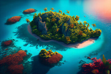 An exquisite tropical island with lush palm trees and a majestic mountain rising out of the ocean, generative ai illustration