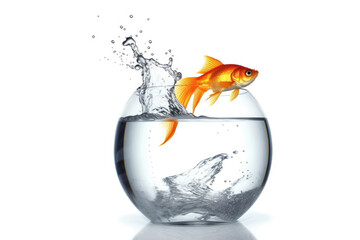 Goldfish jumping out of the water making splash in fishbowl Isolated on white background. Generative AI