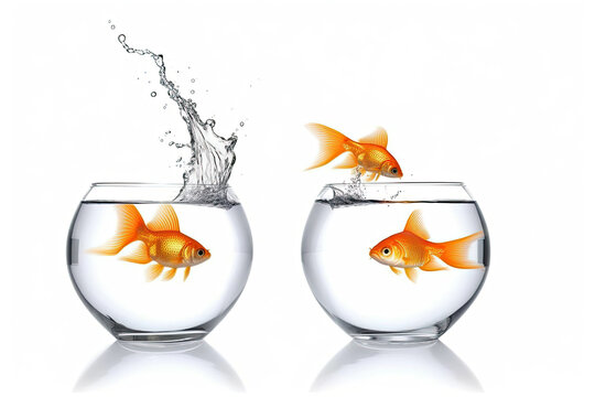 Goldfish jumping out of the water, from one fishbowl to another isolated on white background. Generative AI