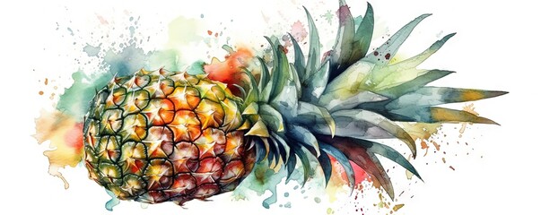 Pineapple Watercolor Art on White Background, Generative AI