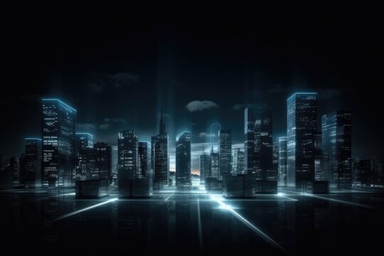 bustling city at night, illuminated by countless lights. Generative AI