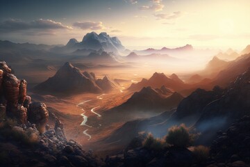 a panoramic view of a serene mountain range in a desert created with Generative AI technology