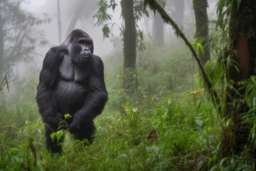Gorilla in the misty rainforest created with AI