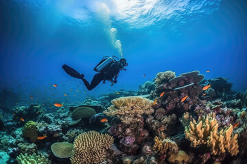 Naklejka na ściany i meble scuba diving in tropical ocean coral reef sea under water, generative AI