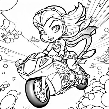 SUPER HEROINE WOMAN IN ACTION COLORING DRAWING FOR SCHOOL