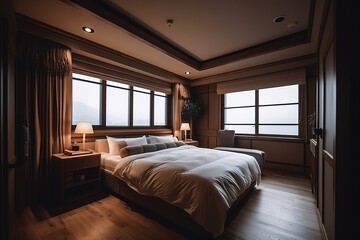 Interior of a hotel bedroom in the morning | Cosy Boho style bedroom interior with furniture and decorative elements. Bright natural light | Modern bedroom interior with concrete walls, Generative AI