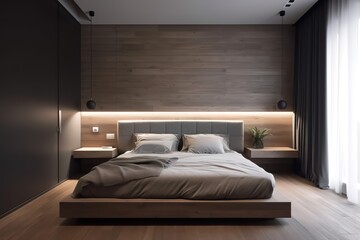 Interior of a hotel bedroom in the morning | Cosy Boho style bedroom interior with furniture and decorative elements. Bright natural light | Modern bedroom interior with concrete walls, Generative AI