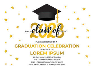 Graduation party invitation card template. Graduation celebration announcement. Class of 2023 vector illustration