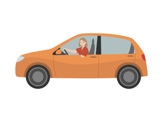 Fototapeta premium Young woman with amputated hand driving a car. Handicapped person. Isolated vector illustration 
