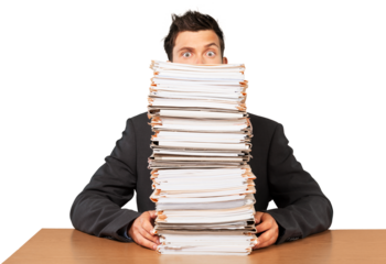 Portrait of a Surprised Employee Behind a Stack of Documents