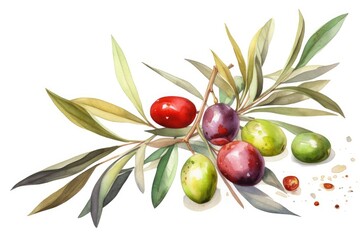 Obraz premium still life painting featuring olives and leaves against a plain white background. Generative AI