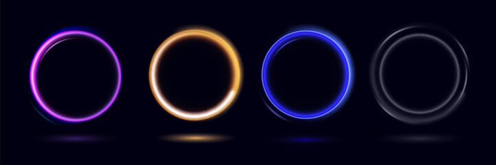 Neon swirl. Curve blue line light effect. Abstract ring background with glowing swirling background. Energy flow tunnel. Blue portal, platform. Magic circle vector.