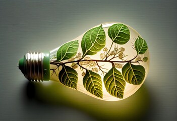 An eco-friendly lightbulb made from fresh leaves, promoting renewable energy and sustainable living. Generative AI