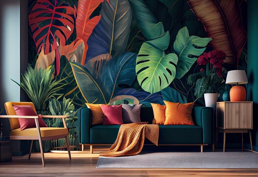 Living room interior with tropical plant wallpaper and colorful leaves. Generative AI