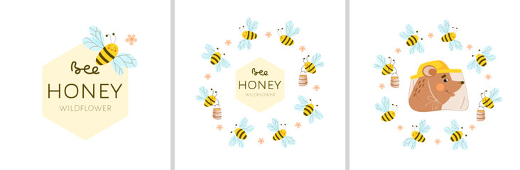 Head of cute beekeeper bear in hat with protective net against background of honey bees and flowers flying in circle. Collection of images with drawings and text for logo of honey products. Vector.